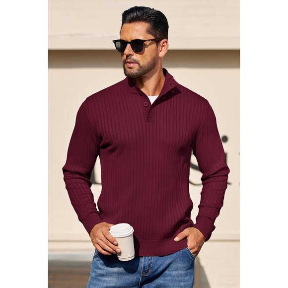 Men's Quarter Button Sweater Long Sleeve Stand Collar Sweater Knitted Wine Red - Picture 4 of 5